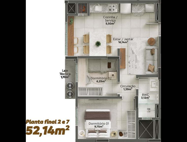 Apartamento no Bairro Água Verde em Blumenau com 2 Dormitórios (2 suítes) e 56.66 m² - 4354