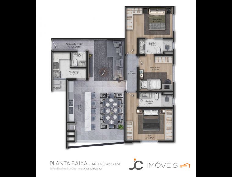 Apartamento no Bairro Velha em Blumenau com 3 Dormitórios (3 suítes) e 108 m² - AP0028