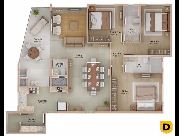 Apartamento no Bairro Vila Nova em Blumenau com 3 Dormitórios (3 suítes) e 110.59 m² - 4120995