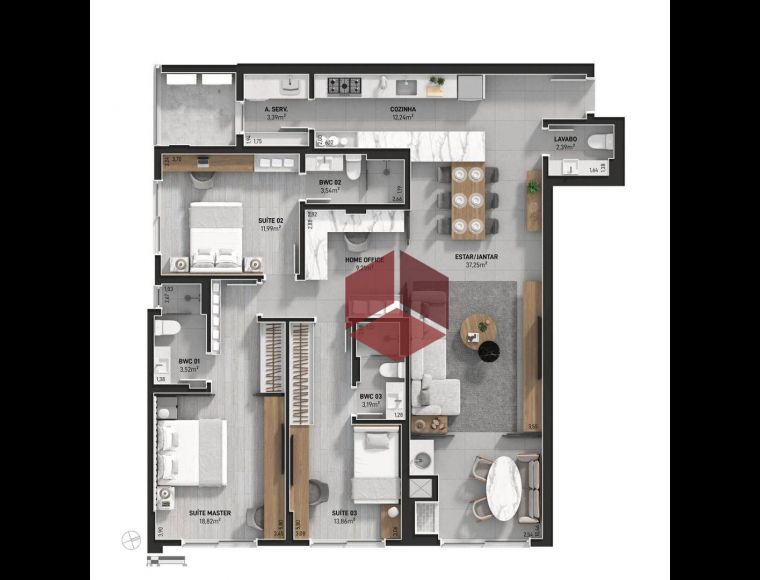Apartamento no Bairro Estreito em Florianópolis com 3 Dormitórios (3 suítes) e 168 m² - AP2283