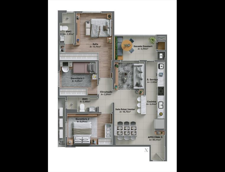 Apartamento no Bairro Vila Operária em Itajaí com 3 Dormitórios (1 suíte) e 85 m² - 581
