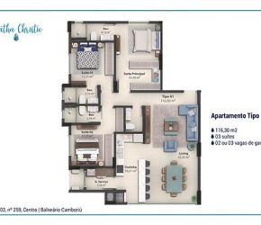 Apartamento no Bairro Centro em Balneário Camboriú com 3 Dormitórios (3 suítes) e 116 m² - AP1026